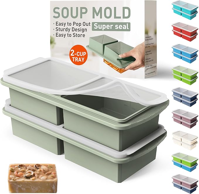 Silicone Freezer Tray with Lid Soup Freezer Container Molds with Steel Reinforced Rim Ice Cube Freezer Molds for Soup, Sauce, Leftovers, Homemade Meal Prep Containers Moldes De Silicona