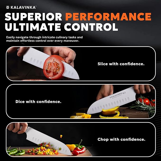7 Inch All-Purpose Santoku Knife, German X50CrMoV15 Steel, Comfortable Handle, Razor Sharp Edge, Gifted Sheath, Outdoor Cooking (RUPA)
