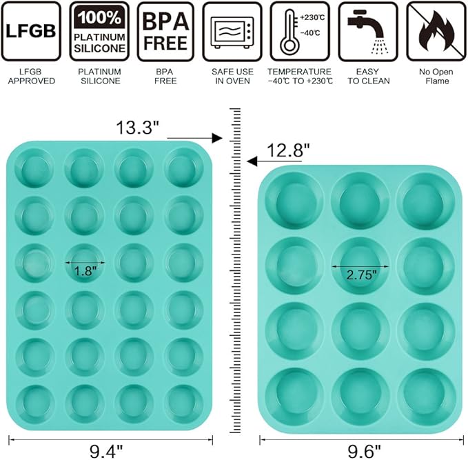 Silicone Muffin Pan Cupcake Pan Set - Mini 24 Cups and Regular 12 Cups Muffin Tin, Nonstick Food Grade Molds with 12 Baking Cups