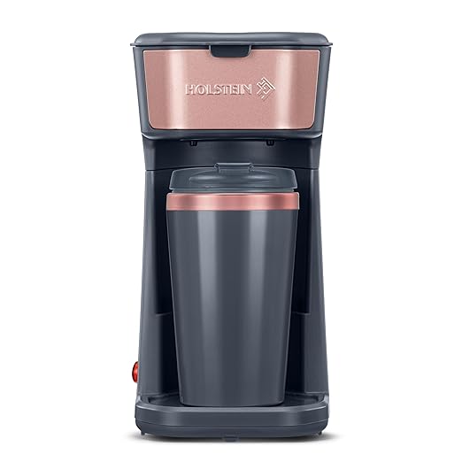 Holstein Housewares Personal Coffee Maker with 14oz Travel Mug – Compact One-Touch Brew Machine with Reusable Filter, Auto Shut-Off, Non-Stick Plate, Ideal for Home, Office, or Dorm. Rose Gold & Grey