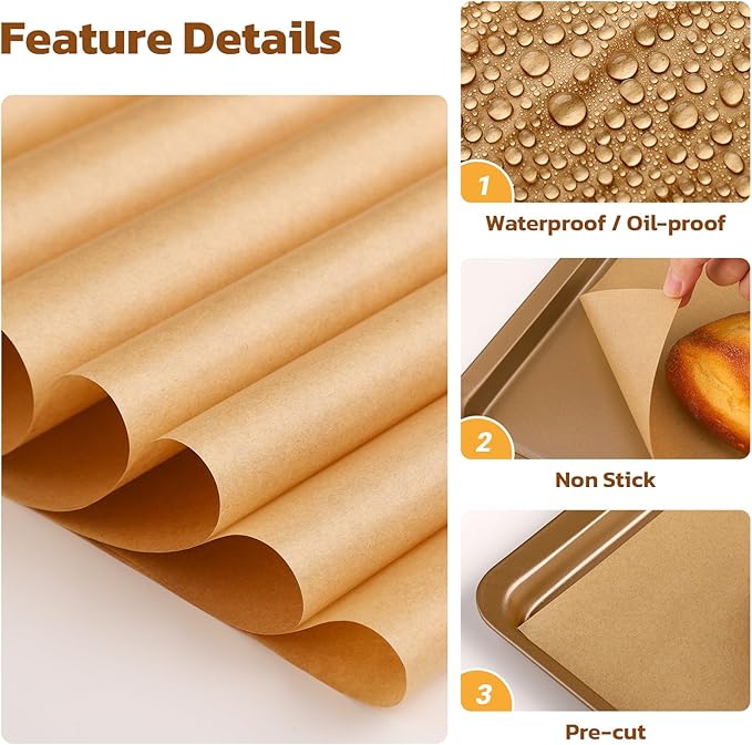 Beasea Parchment Paper Sheets for Baking, 200pcs 16x24 Inch Unbleached Precut Nonstick Heavy Duty Natural Parchment Baking Paper Sheets for Air Fryer Cooking, Grilling, Frying and Steaming