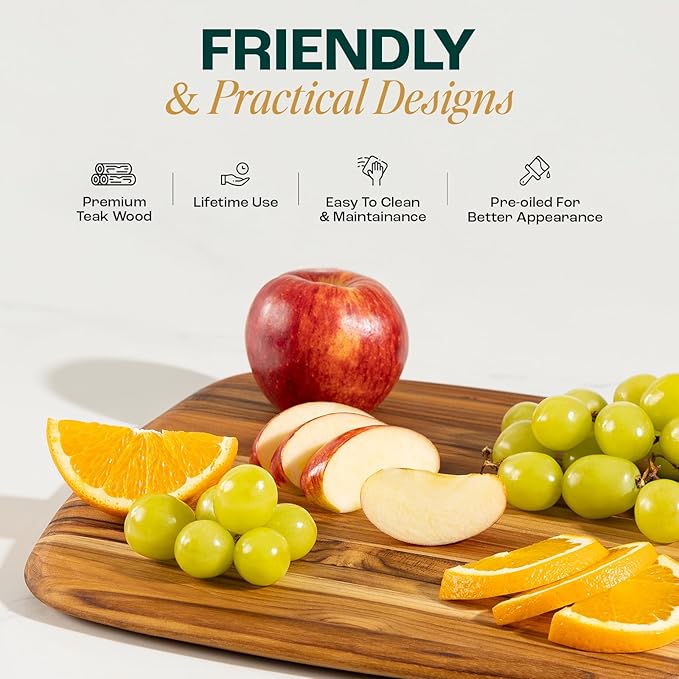 Yes4All Teak Cutting Boards for Kitchen, [12"x0.6"Thick] Easy Handle Serving Board, Pre-Oiled Teak Wood Charcuterie Board, Multipurpose use for Slicing, Serving, Decorating Wood Cutting Board