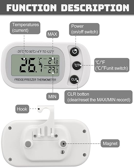 Frienda 16 Pack White Digital Fridge Thermometer Waterproof Refrigerator and Freezer Room Max/min Record Function LCD Screen Refrigerator Thermometer with Hook and Magnetic Back for Home