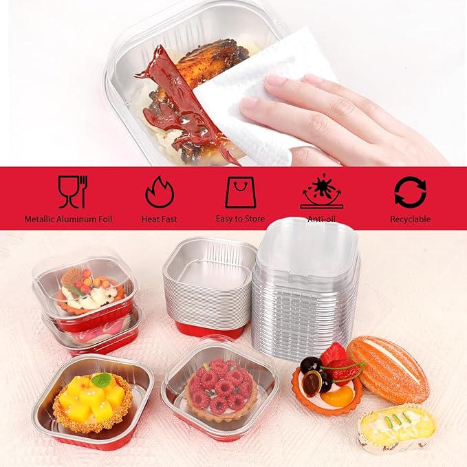 FORBFAN 8 oz Mini Disposable Cake Pans with Lids, 150 Pack Aluminum Foil Square Baking Cups with Spoons, Disposable Baking Cake Tins Red