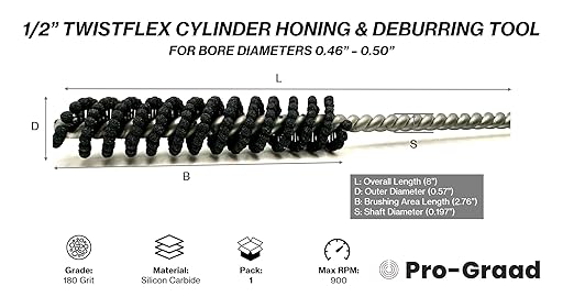TwistFlex 1/2" 180SC Cylinder Hone | 0.5” (12.7mm) Flexible Cylinder Honing & Deburring Tool for Hole Diameters 0.46"- 0.51" | Silicon Carbide 180 Grit | 1 Pack