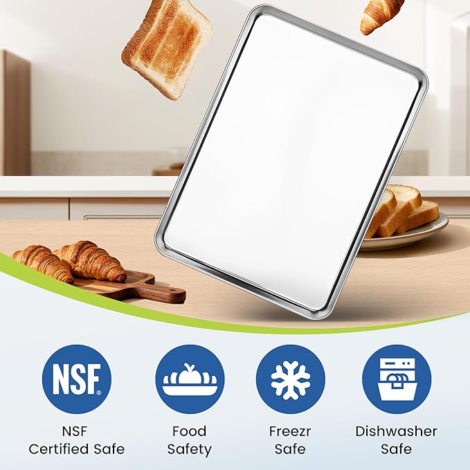 6 Pack Stainless Steel Baking Sheet Pans, 17.3" L × 12.2" W × 1" H Cookie Sheets for Toaster Oven, Rust-Resistant, Dishwasher Safe