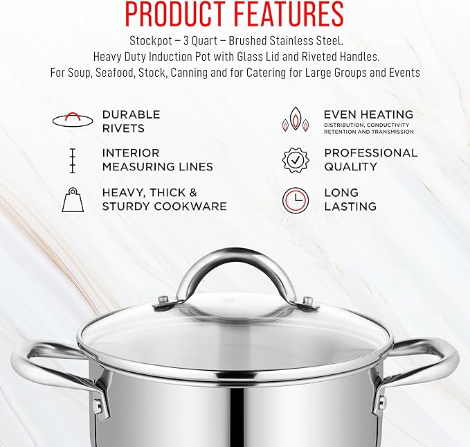Stainless Steel Stockpot with Tempered Glass Lid 3 Quart, Durable 18/0 Stainless Steel, Impact-Bonded Base for Even Heating, Riveted Handles, Oven & All Stove Compatible, Safe Up To 500°F (260°C)