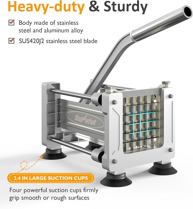 Sunvivi French Fry Cutter Stainless Steel Potato Slicer : with 2 Replaceable blades (1/2 & 3/8 Inch), Professional Fries Cutter for Potatoes, Carrots, Cucumber, Onion, Yam