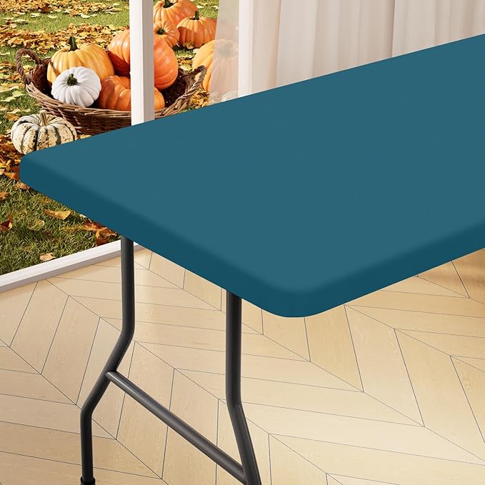 homing Rectangle Table Cloth Cover, Waterproof Polyester Elastic Fitted Tablecloth, Fits for 8 Foot Folding Tables, Washable Table Protector for Picnic, Camping, Outdoor (Peacock Blue, 30" x 96")