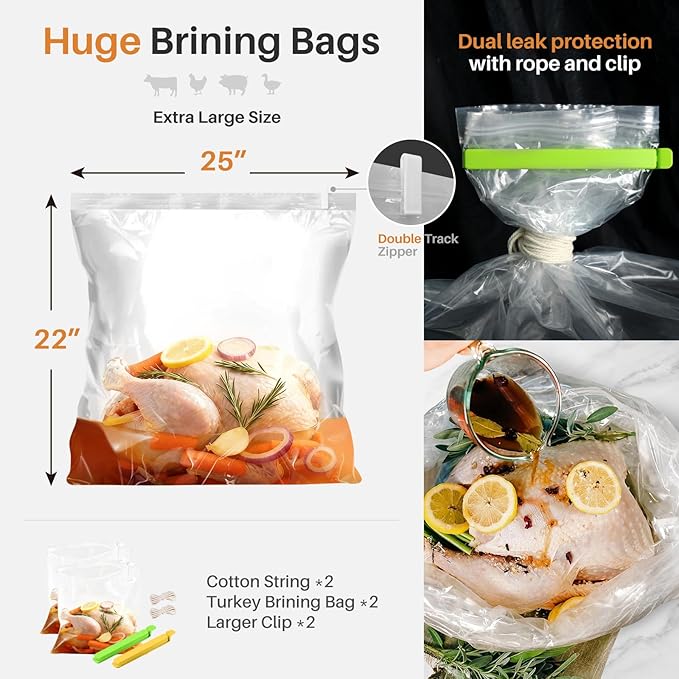 Turkey Roasting Pan, 17x13 Inch Nonstick Roaster Pan with Removable Rack, Turkey Baster, Meat Thermometer, Turkey Brine Bags, Ideal for Roasting Turkey, Meats & Vegetables (Cream&Silver)