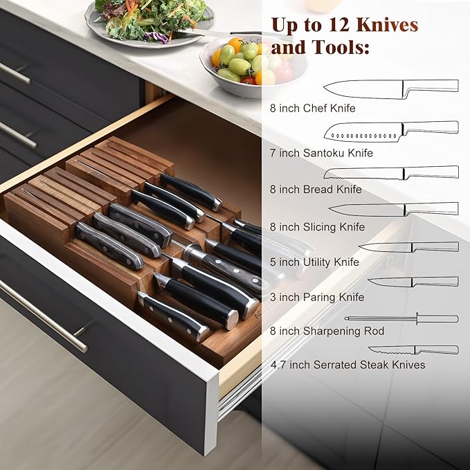 In-Drawer Knife Block, Acacia Wood Kitchen Knife Drawer Organizer, Knife Holder without Knives For Up to 12 Knives Steak Knife Chef Knife