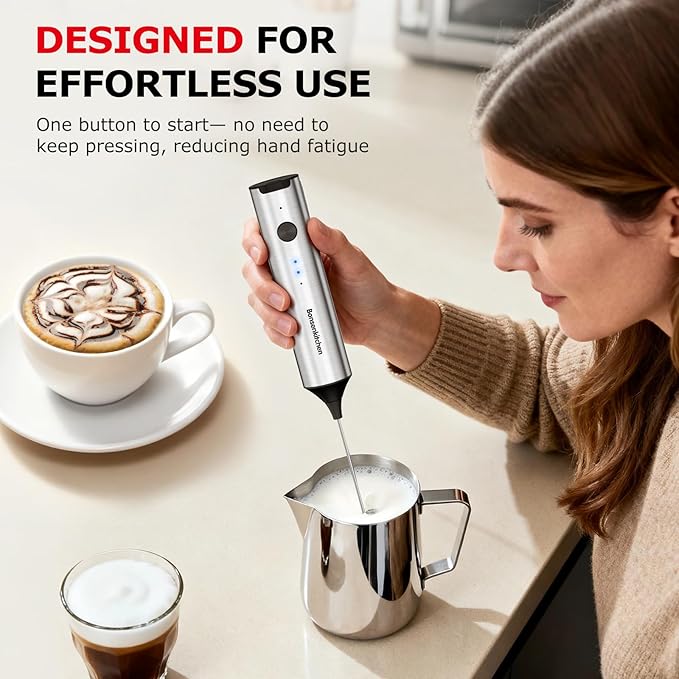 Bonsenkitchen Rechargeable Milk Frother with Stand, Handheld 3-Speed Coffee Frother, Dual Spring Whisk Electric Hand Frother Wand Drink Mixer for Matcha Lattes Cappuccino, Kitchen Gifts