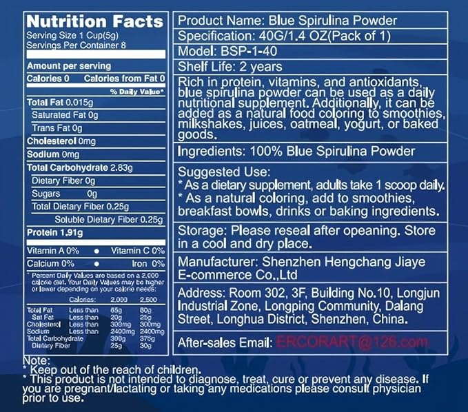 Blue Spirulina Powder - 40g Natural Blue Food Coloring, No Fishy Smell, 100% Vegan Phycocyanin Extract Spirulina Powder, Plant Based Food Dye for Cake Decorating, Smoothie, Baking, Drinks