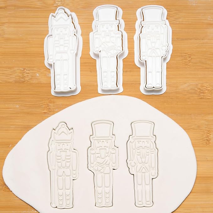 Flycalf Christmas Cookie Cutters Nutcracker Set of 3 with 3D Stamper Holiday Baking Accessories Cutter Molds Gifts for Kids Decorative Party 3.5" Kitchen Cake Supplies