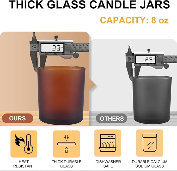 8 OZ Thick Candle Jars for Making Candles 15 Pcs, Empty Amber Jars with Wood Lids for Candle Making, Sample Container, Frosted Brown