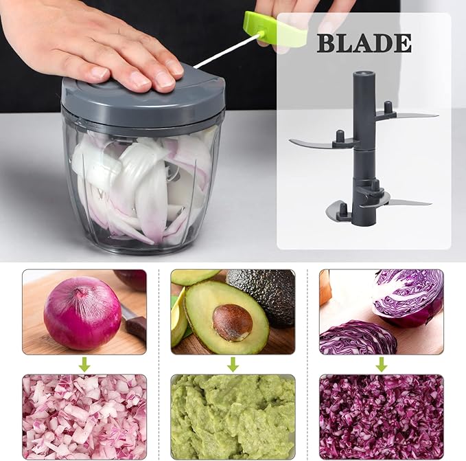 Cambom Manual Food Chopper Vegetable Cutter, Hand String Vegetable Chopper Onions Cutter for Vegetable Fruits Nuts BPA Free Food Safe Material, 900ml Grey