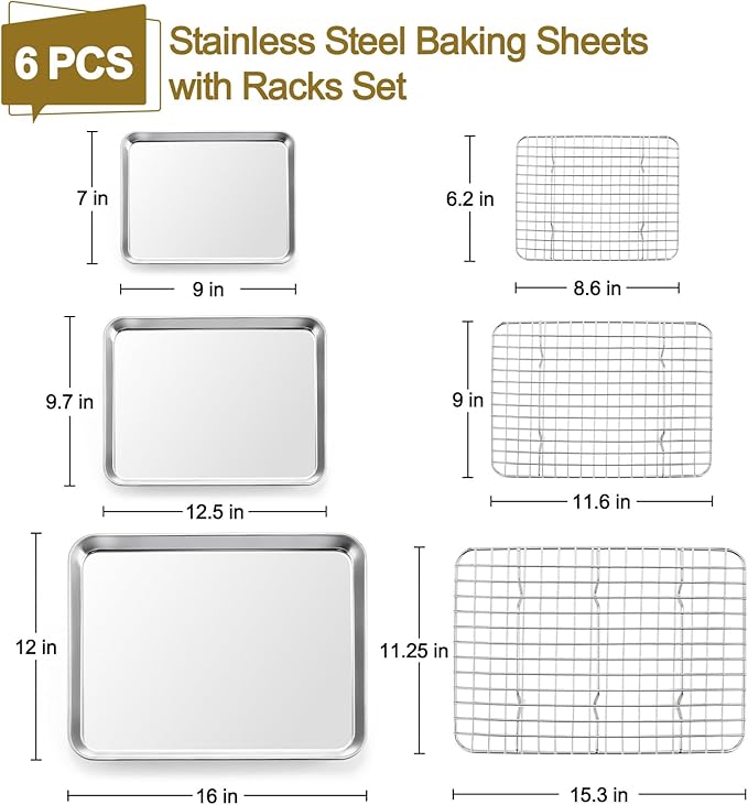 TeamFar Stainless Steel Baking Sheet with Rack Set, 16/12.5/9 Inch Cookie Sheets Baking Pans and Cooling Racks for Cooking Serving, Non-Toxic & Heavy Duty, Dishwasher Safe, 6 PCS (3 Pans + 3 Racks)