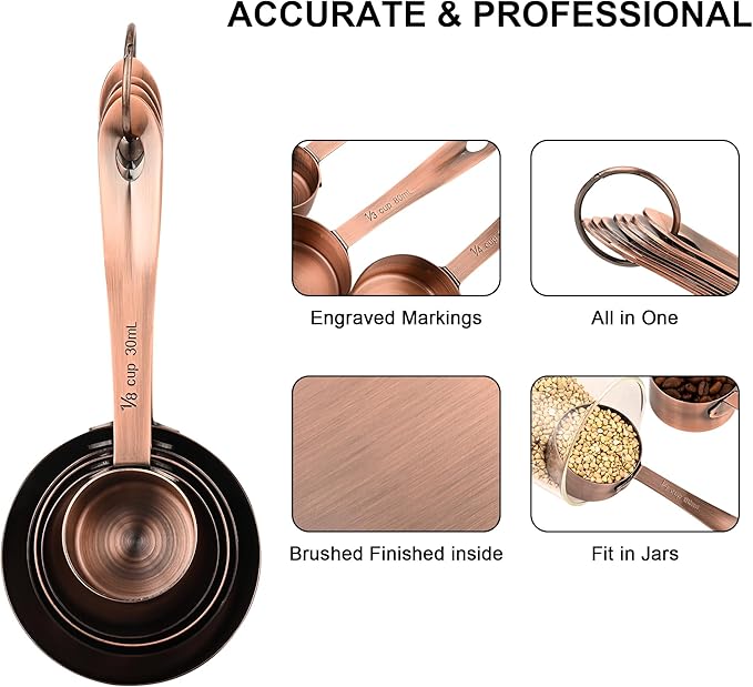 Copper Measuring Cups and Spoons Set, Stainless Steel Measuring Cups and Spoons Set 12, Metal Measuring Cups Set, 5 Copper Measuring Cup Set and 6 Copper Measuring Spoons &Leveler for Kitchen