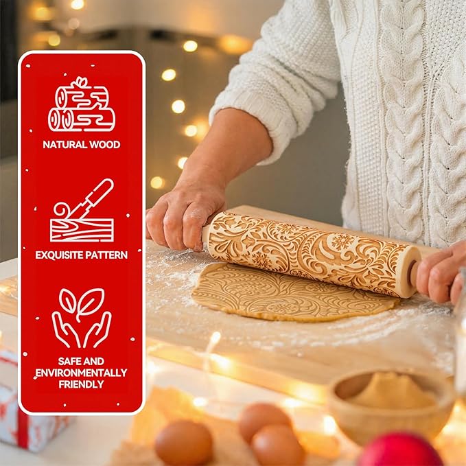 Christmas Gifts Wooden Embossed Rolling Pin for Baking, Stocking Stuffers Gifts for Women, Deep Engraved Embossing Rolling Pins with Snow Pattern Designs for Baking Cookies Stamps Roller DIY Tools
