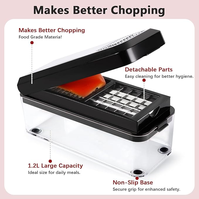 Vegetable Chopper, Onion Chopper Dicer, Mandoline Slicer, Food Chopper with Container, Vegetable Cutter for Salad Potato Carrot Garlic（2 Blades, Black）