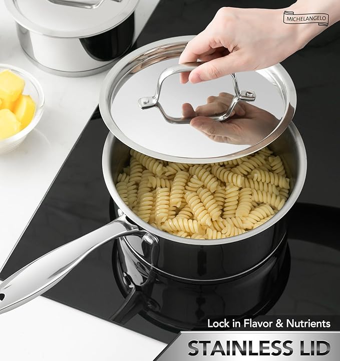 MICHELANGELO Stainless Steel Saucepan Set with Stainless Lids, Tri-Ply Bottom Sauce Pan with Lid, Sauce Pot Set 1QT & 2QT &3QT, Nonstick Saucepan, Dishwasher Safe