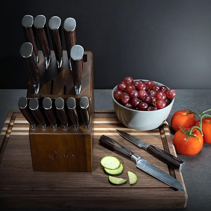 SENKEN 16-Piece Natural Acacia Wood Kitchen Knife Block Set - Japanese Chef's Knife Set with Laser Damascus Pattern, Includes Steak Knives, Kitchen Shears, Santoku, Cleaver & More (Wooden Handles)