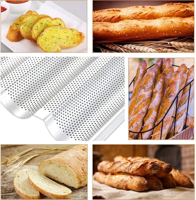 Stainless Steel Perforated French Baguette Bread Pan 3 Waves Toaster Oven Baking Tray (15"x10") with Large Bread Proofing Cloth (17.7" x 30.3")