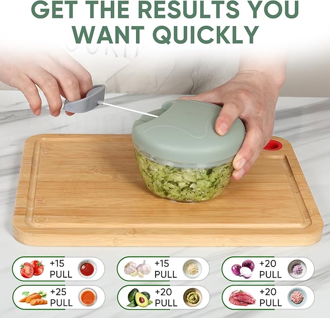 Manual Food Chopper, Garlic Chopper with Container, Vegetable Kitchen Cutter, Pull String Hand Food Processor Sharp Blades Mincer Shredder for Cutting Onions Chili Ginger Seasoning (Green, 500ml)