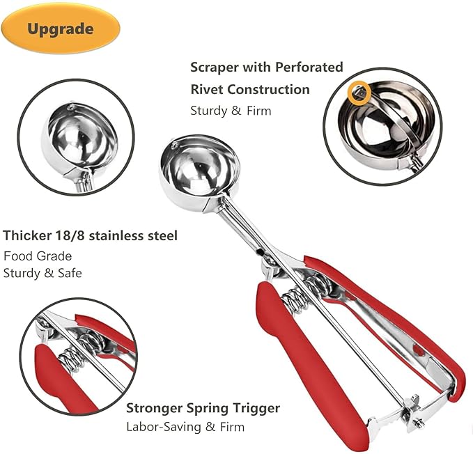 Extra Mini Cookie Scoop for Baking, 1 tsp / 5 ml Cookie Scooper, 18/8 Stainless Steel Cookie Scooper for Baking, Cookie Dough Scoop with Non-slip Grip(Red)