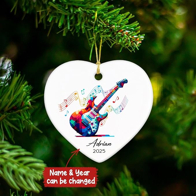Electric Guitar Xmas Tree Ceramic Ornament 2025, Personalized Electric Guitar Lovers Ornaments Keepsake, Guitarist Ceramic Ornament Christmas, Custom Name & Year Musical Instrument Player Ornaments