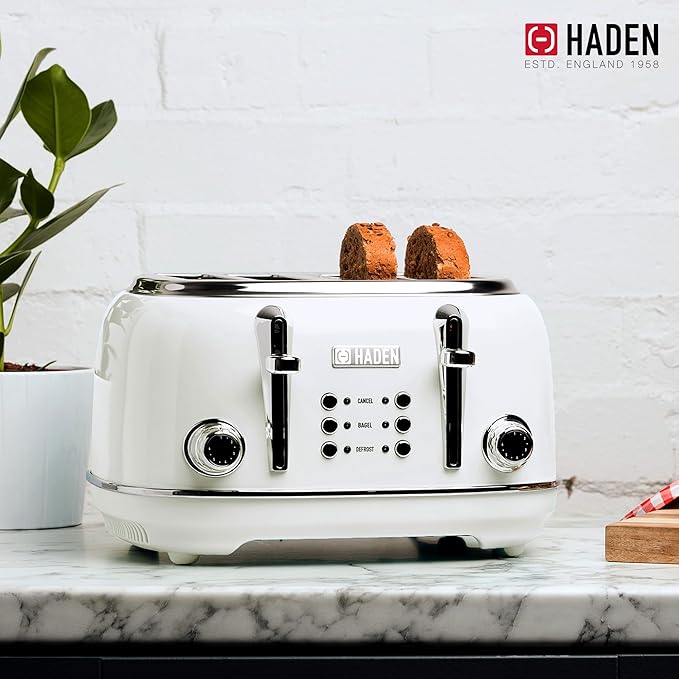 Haden Heritage 4 Slice Wide Slot Stainless Steel Toaster Bundled with 12 Cup Programmable Drip Coffee Maker Coffee Machine, Ivory & Chrome