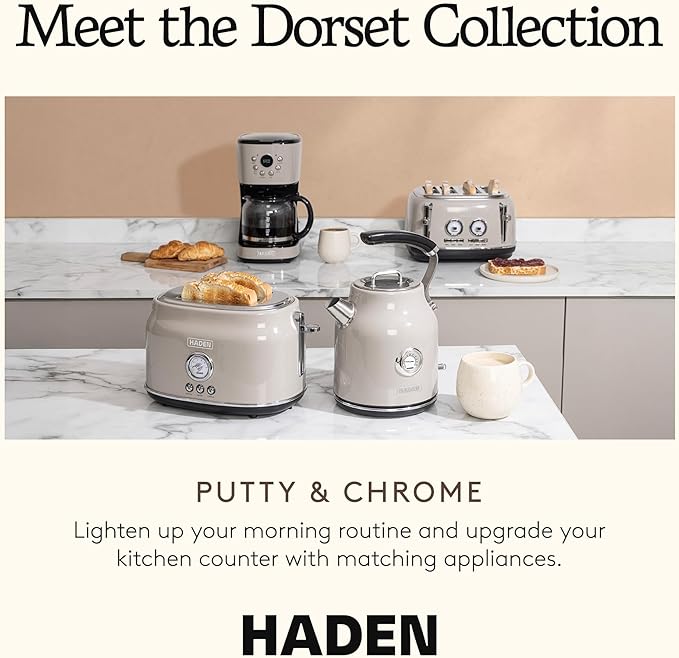 Haden 12 Cup Programmable Drip Coffee Maker Coffee Machine Bundled with Dorset 2 Slice Wide Slot Stainless Steel Toaster, Putty & Chrome