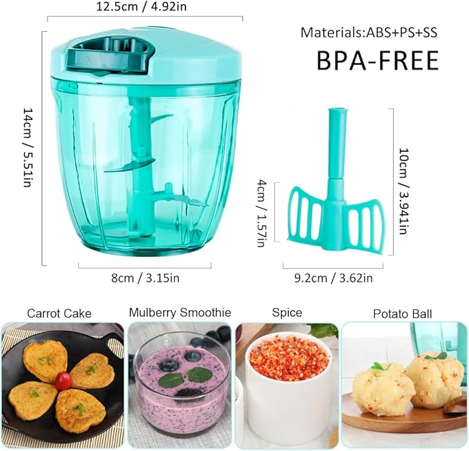 Ourokhome Manual Food Processor Vegetable Chopper, Portable Hand Pull String Garlic Mincer Onion Cutter for Veggies, Ginger, Fruits, etc., 900ml, Teal