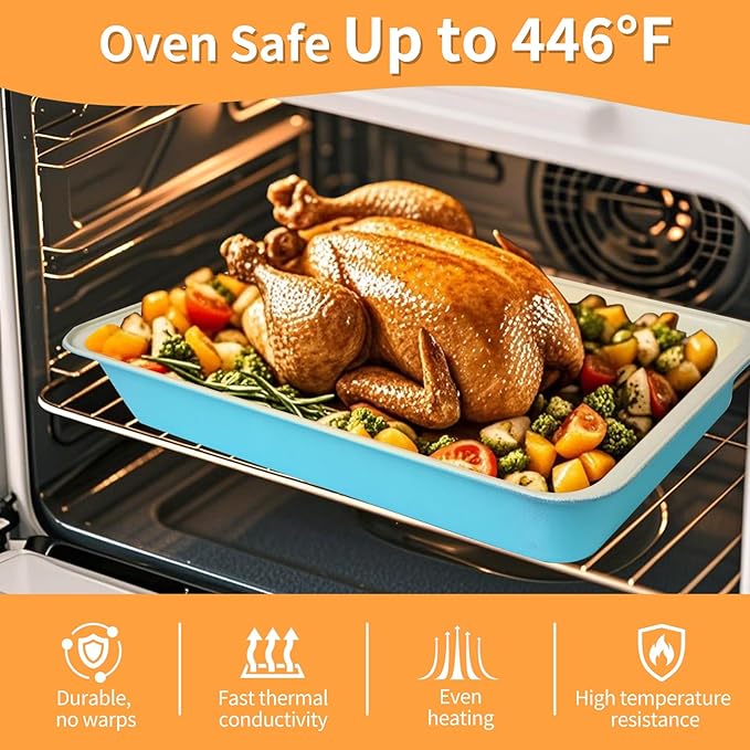 9x13 Baking Pan with Lid and Handle, Nonstick Cake Carrier with Locking Cover, Deep Oblong Bakeware for Brownies, Casseroles, and Travel, Blue and Beige