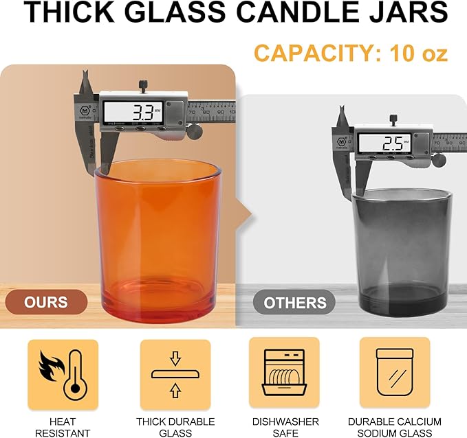 10 OZ Thick Candle Jars for Making Candles 15 Pcs, Empty Jars with Wood Lids for Candle Making, Sample Container, Clear Orange