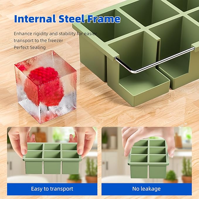 Large Ice Cube Tray for Whiskey 3 Pack, HANCELANT Big Silicone Square Ice Cube Mold with Removable Lid, 2'' Huge Square Ice Cubed Tray for Whisky and Cocktail(Blue+Green+Pink)