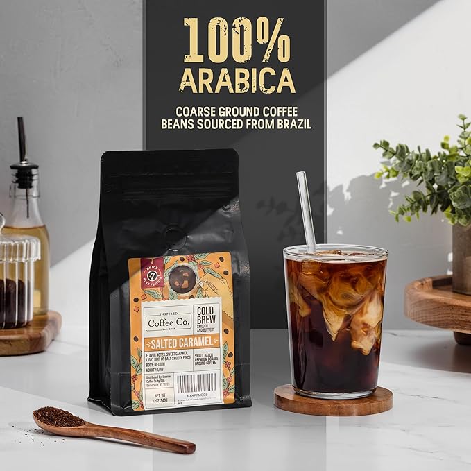 Inspired Coffee Co Salted Caramel Flavored Cold Brew Coffee Coarse Ground Coffee Beans Medium Roast - Low Acid Coffee Smoother Taste - 100% Arabica - 12 oz. Resealable Bag
