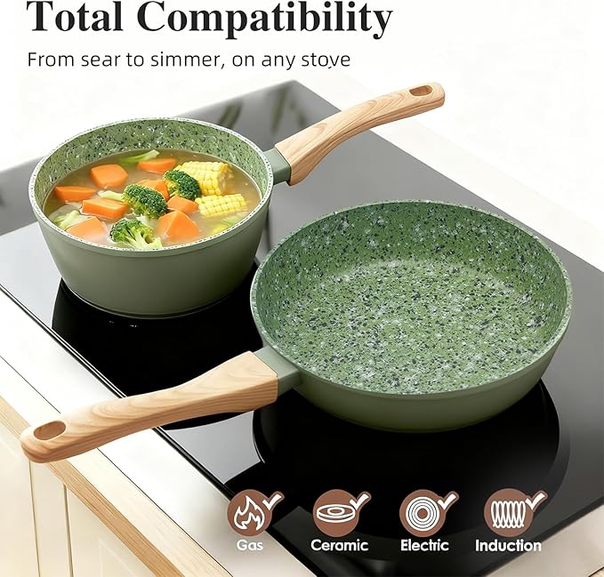 3-Piece Nonstick Pots and Pans Set with Lids, Includes 8.5 Inch Frying Pan 1.5Qt Saucepan and 2.2Qt Stock Pot, PFOA Free Dishwasher Safe Induction Compatible Family Cookware, Green
