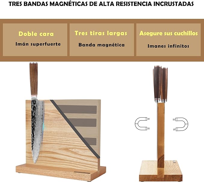YOUSUNLONG Magnetic Knife Block - Magnetic Knife Holder - Magnetic Knife Stand - Double-sided Super Magnetic with Natural Fraxinus wood - Holds 10“ knives - Space Saver - Large storage knife holder