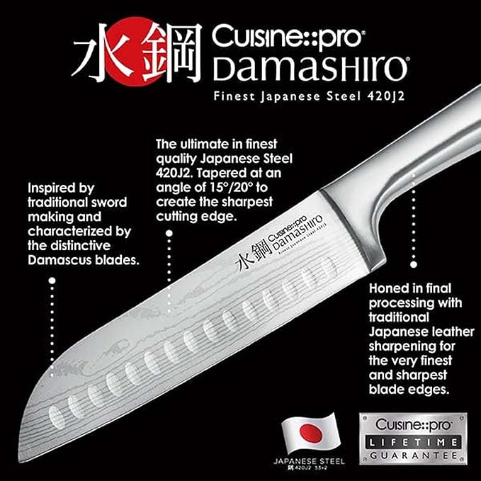Cuisine::pro Damashiro Knife Block (Hiryu, 10-Piece Set) - Premium Japanese Steel Knife Set with Acacia Wood Block & Tempered Glass Window - Damascus-Inspired Blade