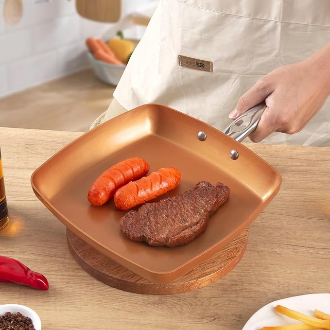 Non-Stick Copper Square Frying Pan, 9.5" Chef Skillet with Ceramic Coating, Oven Dishwasher Safe, PFOA-Free, Home Use for All Stoves