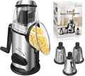 Rotary Cheese Grater with Handle,3 Changeable Blades for Kitchen Vegetable Cheese Shredder Slicer Grater,Nut Grinder,Easy to Use and Clean,Stainless Steel-Black Silver