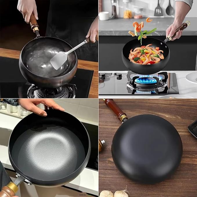 Jinswhdre Cast Iron Skillet, 9.5/11in Jinswhdre Japanese Irons Pan, Hand Forged Uncoated Iron Pan with Lid Spatula, Non-stick Wok for Cooker Gas Stir Fry Pans Durable and Rust-Free (Wooden Lid,9.45in)