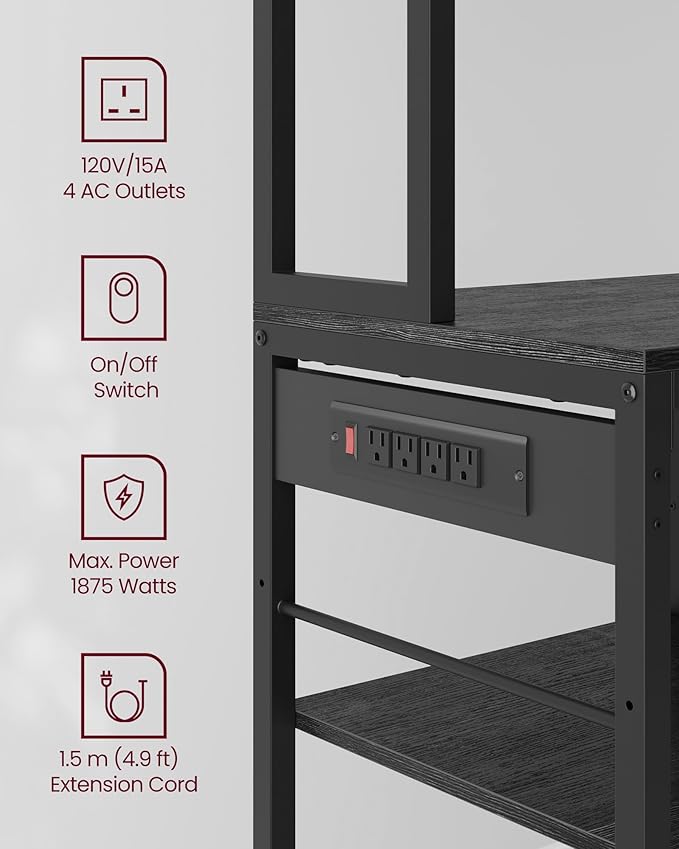 VASAGLE Bakers Rack with Charging Station, Coffee Bar with Adjustable Storage Shelves, Fabric Drawer, 12 Hooks, 15.7 x 39.4 x 71 Inches, Kitchen Microwave Stand, Charcoal Gray and Ink Black UKKS027B01