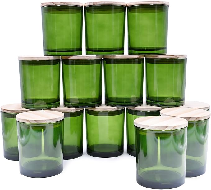 10 OZ Thick Candle Jars for Making Candles 15 Pcs, Empty Jars with Wood Lids for Candle Making, Sample Container, Clear Green