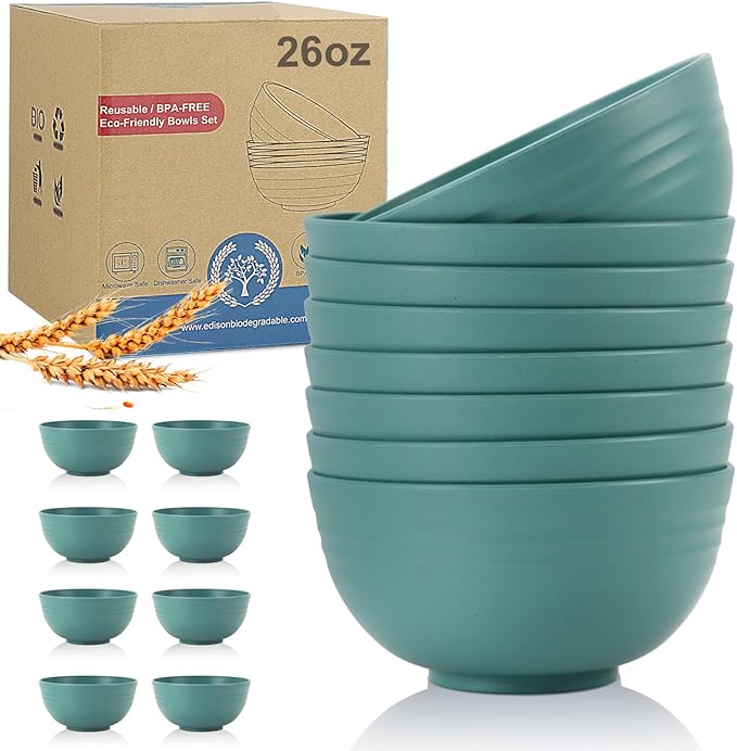 Wrova Wheat Straw Bowl Sets,8 PCS Unbreakable Cereal Bowls 26 OZ,Microwave and Dishwasher Safe Bowls,Kids Bowl suitable for cereal,salad,snack and soup (Green)