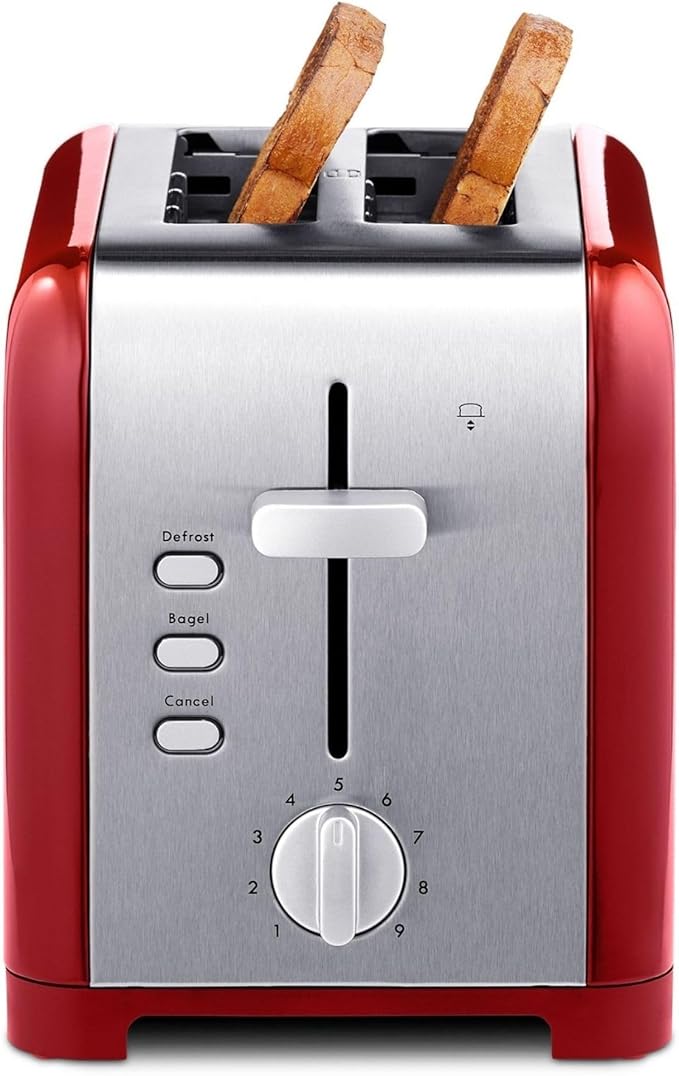 Kenmore toaster 2 slice - extra wide slot countertop kitchen appliance, defrost function, tostador de pan, compact design, easy clean crumb tray, bread bagel, 9 shade settings, stainless steel & Red