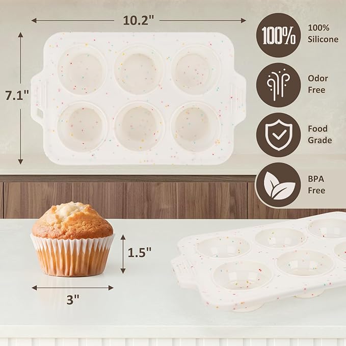 2 Pack Silicone Muffin Pan - Non Stick Collapsible Metal-Reinforced Frame Cupcake Pan with Handles 6 Cup Regular, BPA Free Silicone Muffin Tray, Cupcake Baking Pan Molds for Oven Dishwasher Safe