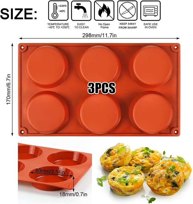 Palksky Silicone Egg Molds for Oven Baking, 3 Pcs 6-Cavity Silicone Egg Bite Molds for Breakfast Sandwiches, Non-Stick 3" Muffin Top Pans/Whoopie Pie Pan