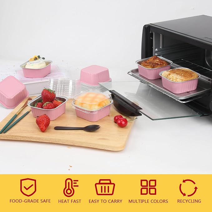 5oz/80pack Mini Cake Tins Cupcake Pan with Lids,LNYZQUS Aluminum Foil Baking Cups,Disposable Ramekins Small Brownie Muffin Pans Mini Cheesecake Containers for Home Bakery-Pink